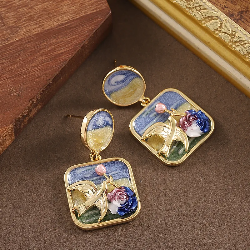 Fashionable and exquisite Monet Garden oil painting series enamel drop glaze flower earrings light luxury high-end earrings