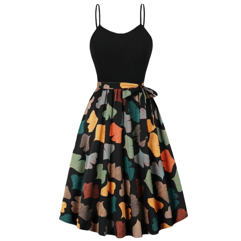 Summer new elegant party sexy suspender print A-line skirt with waist cinching and slimming effect dress