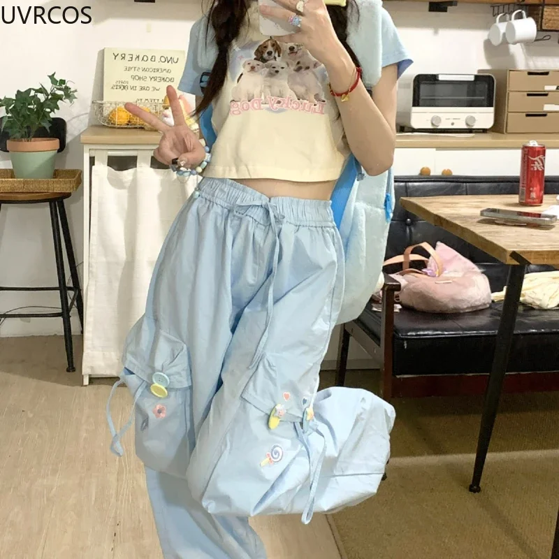 Pink Blue Japan Kawaii Casual Pants Women Sweet Flower Embroidery Buttons Pocket Sweatpants Korean Style Cute Wide Leg Trousers
