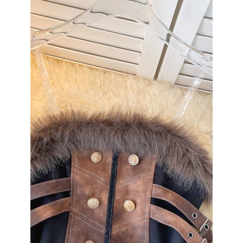 retro-style women's tube top vest with faux fur collar, distressed leather design, unique and trendy streetwear top