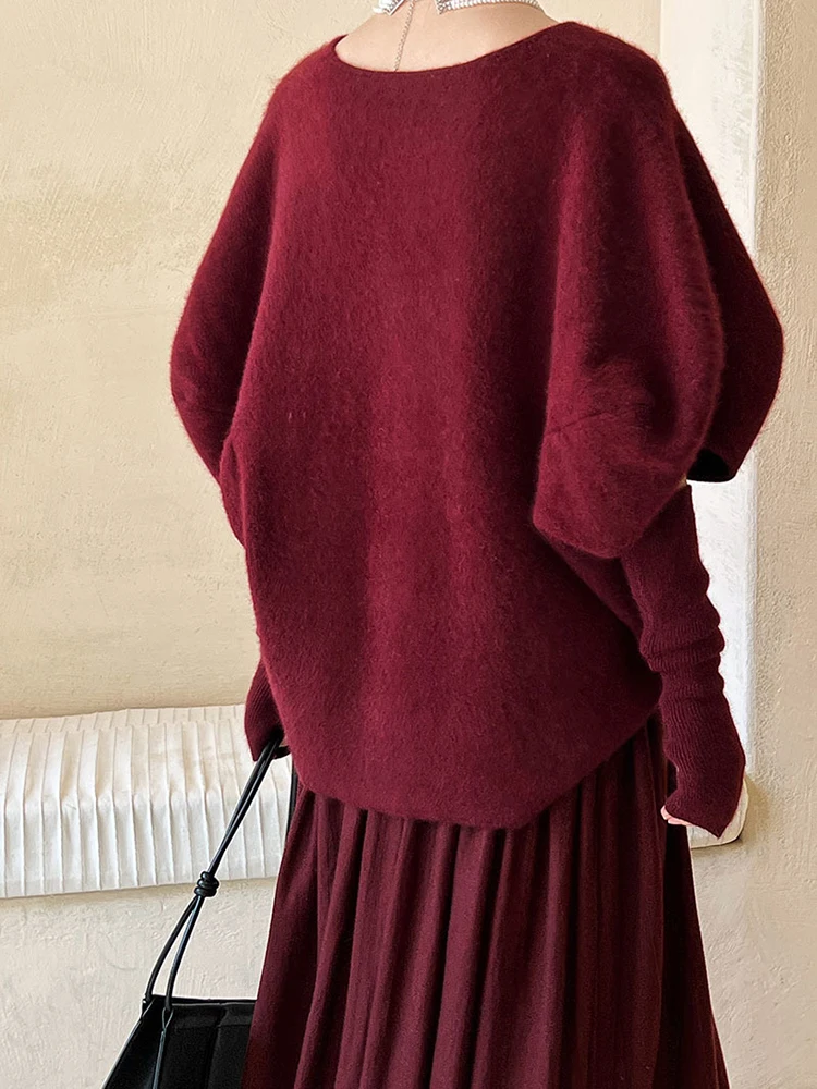 [EAM] Wine Red Big Size Elegant Knitting Sweater Round Neck Long Sleeve Women Pullovers New Fashion Spring Autumn 2024 1DH7316