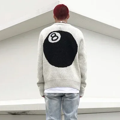 Sweater musim dingin Hip Hop Brushed Billiard hitam 8 Mohair Sweater besar rajutan Sweater jalan tinggi longgar