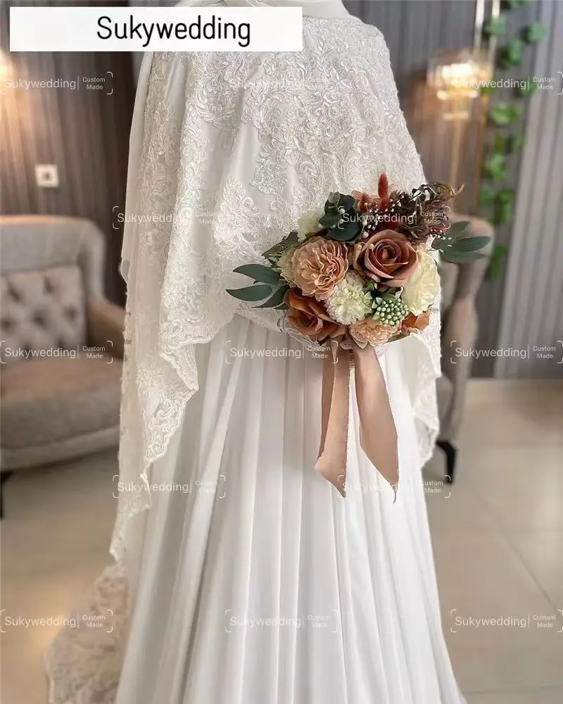 Vestido de novia Hijab musulmán de moda con capa de encaje apliques de gasa de manga larga vestido de novia árabe de Dubái Vestidos personalizados