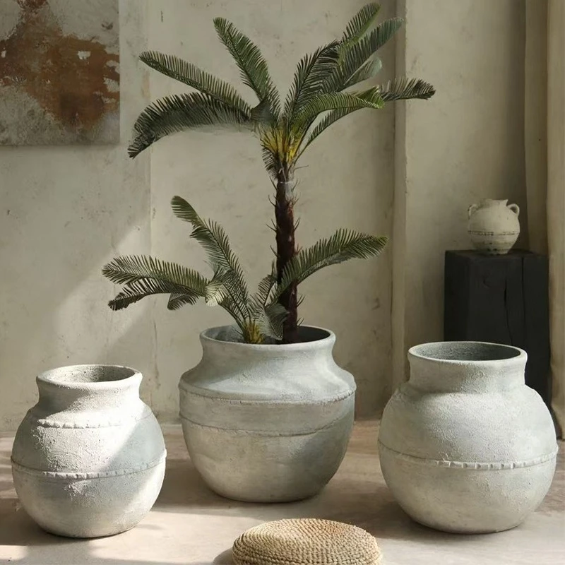 

Wabi Sansan Wind Round Belly Flower Pot Retro Old Decorative Vase Living Room Hotel Premium Light Luxury Cement Big Flower Pot