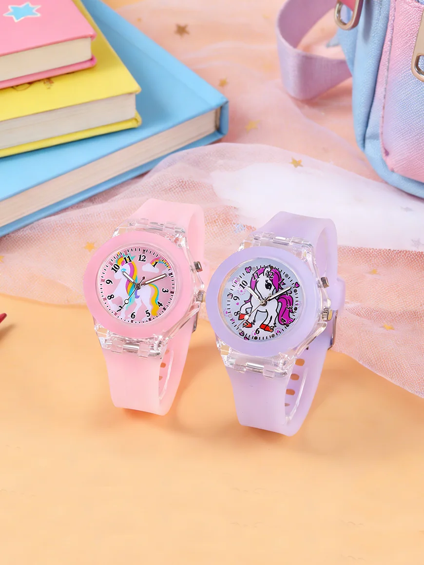 Children's glowing quartz watch, with a soft silicone strap and a unicorn bracelet as a children's gift watch.