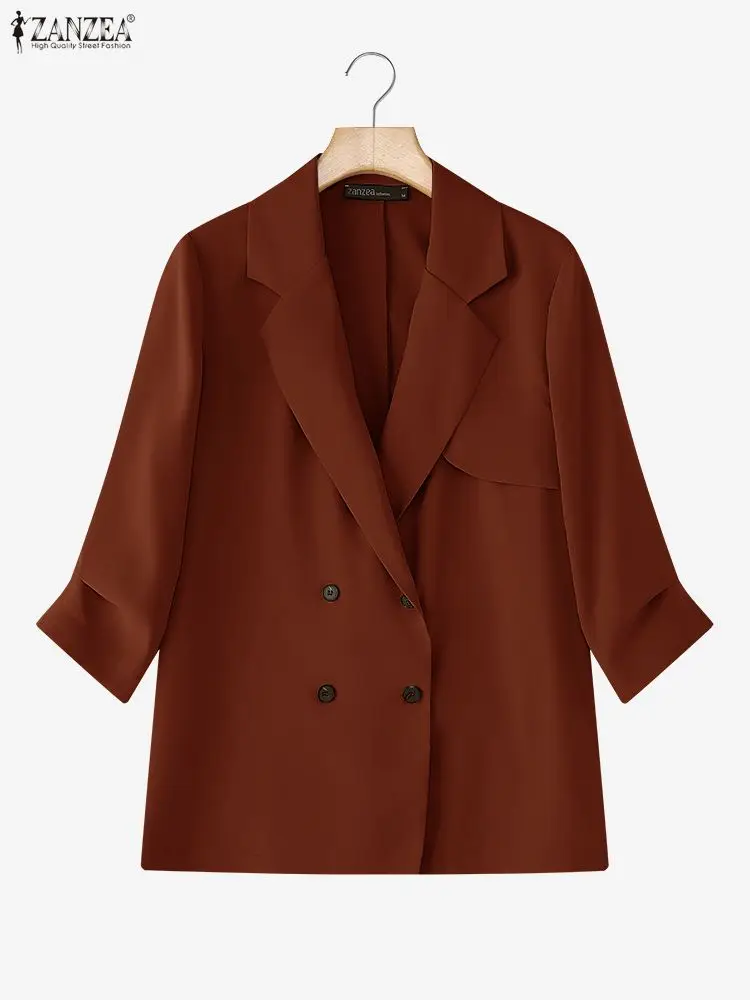 

ZANZEA 2022, элегантный женский пиджак OL, осенний двубортный однотонный свободный пиджак с рукавами 3/4, модное офисное женское уличное пальто