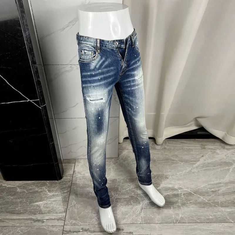 Designer europei e americani moda di strada jeans dipinti blu da uomo jeans slim fit elastici retrò di alta qualità hip-hop da uomo