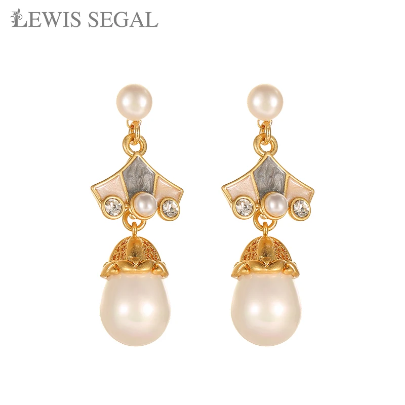 

LEWIS SEGAL Enamel Geometric Pearls Drop Dangle Earrings for Women Luxury Medieval Style Fine Jewelry 18K Gold