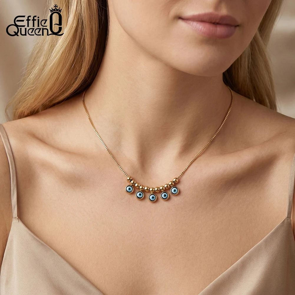 EFFIE QUEEN Ethnic Trendy Minimalist Stainless Steel Devil Eyes Necklace Round Blue Evil Eyes Pendant Necklace for Women STKN23