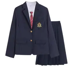 High School Uniform Girls Spring Suit Navy Blue British Style Include Blazer Shirt Skirt