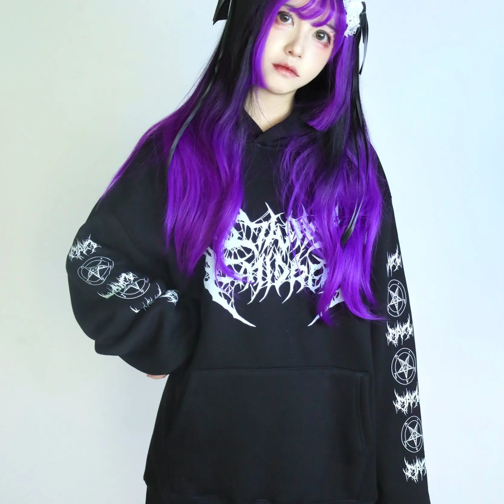 Autumn Japanese Dark Gothic Hooded Coat Women Print Design Loose Subculture Coat Vintage Y2K Street Style Sweatshirt Jirai Kei