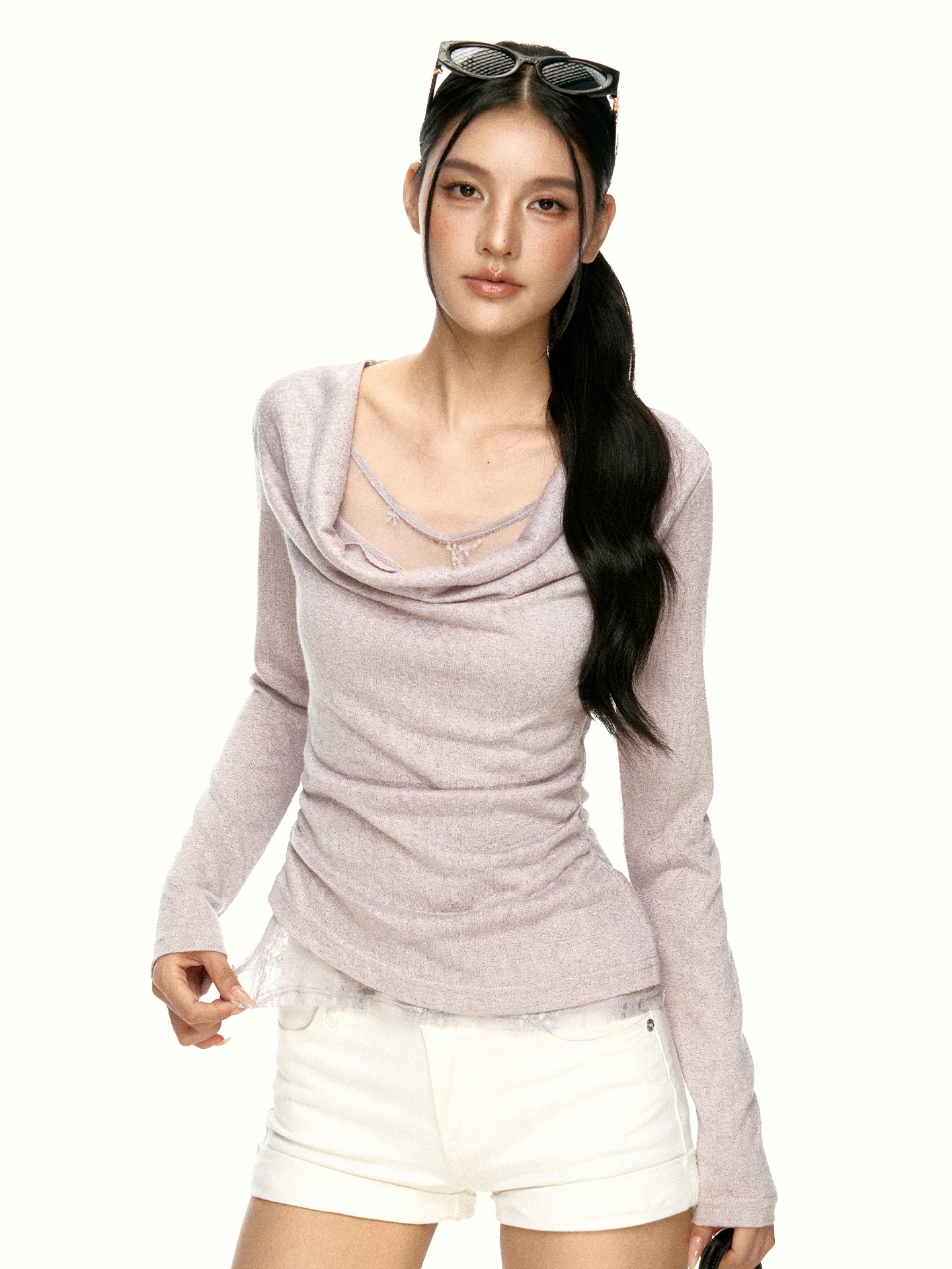 Aaisup Lace Paneling Long Sleeve T-Shirt Women's Slim Fit Casual Style Initial Autumn Design Sense Loose Collar Top