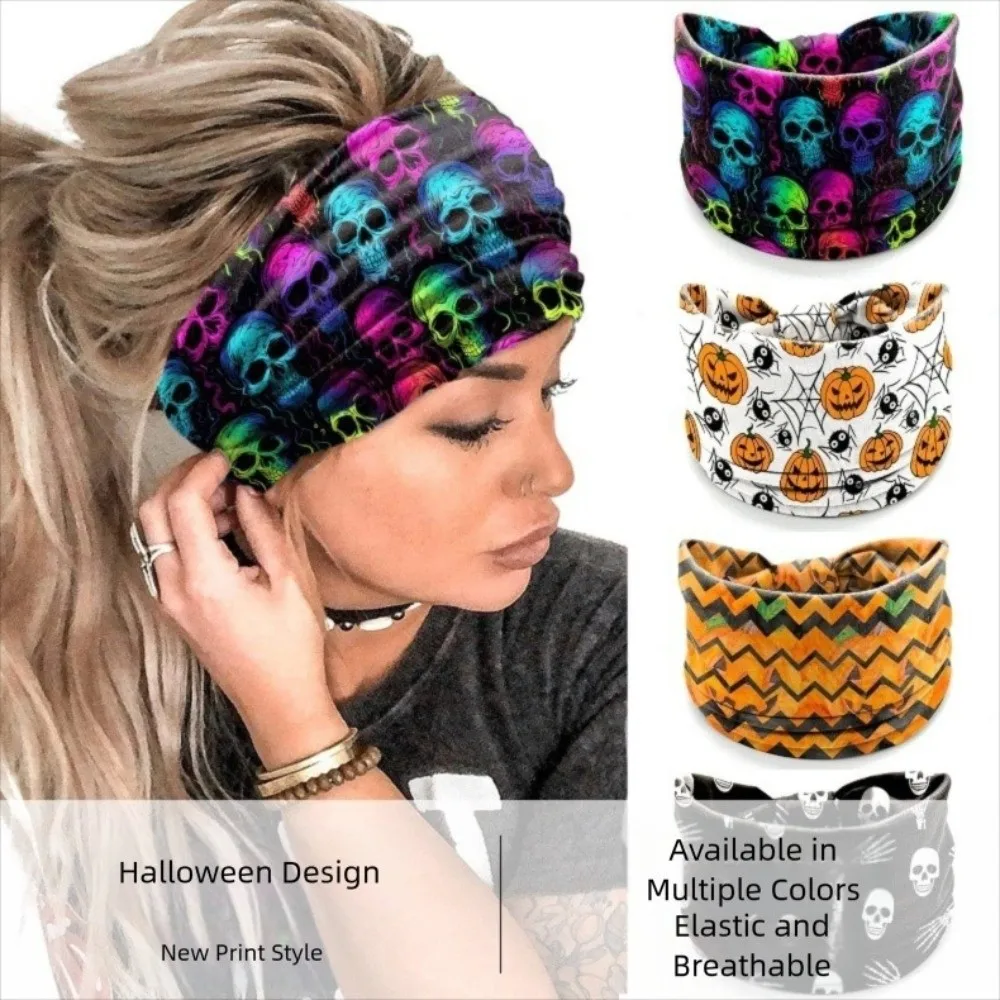 Skull Print Halloween Headbands Pumpkin Wide Party Costume Headwraps Cotton Stretch Extra Large Elastic Turban Headwear