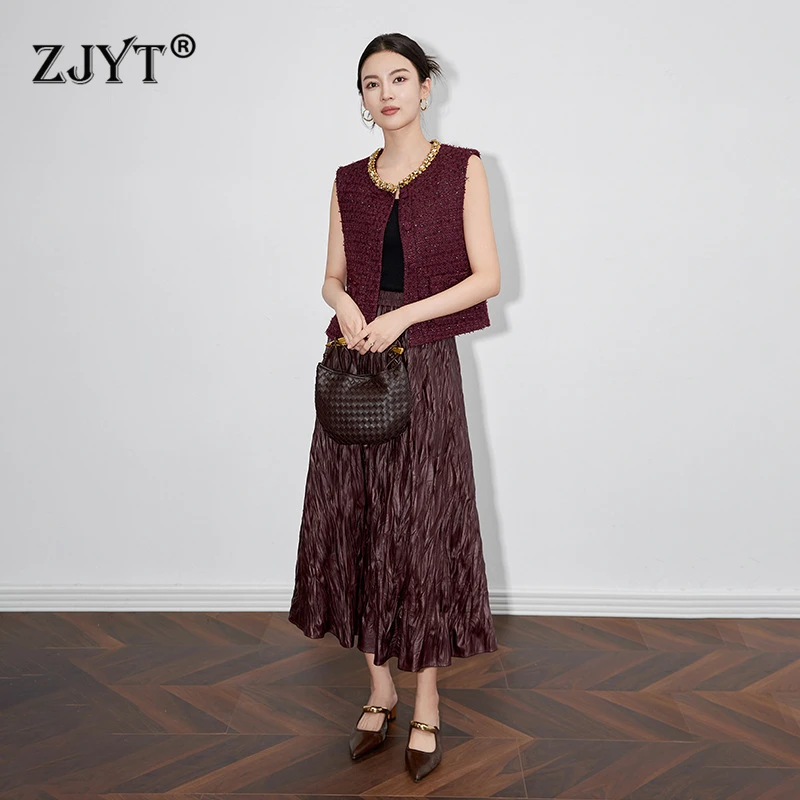 ZJYT Autumn Winter Luxury Diamonds Tweed Woolen Vest Jacket Women Vintage Tops Elegant Lady Single Breasted Vest Coats Female