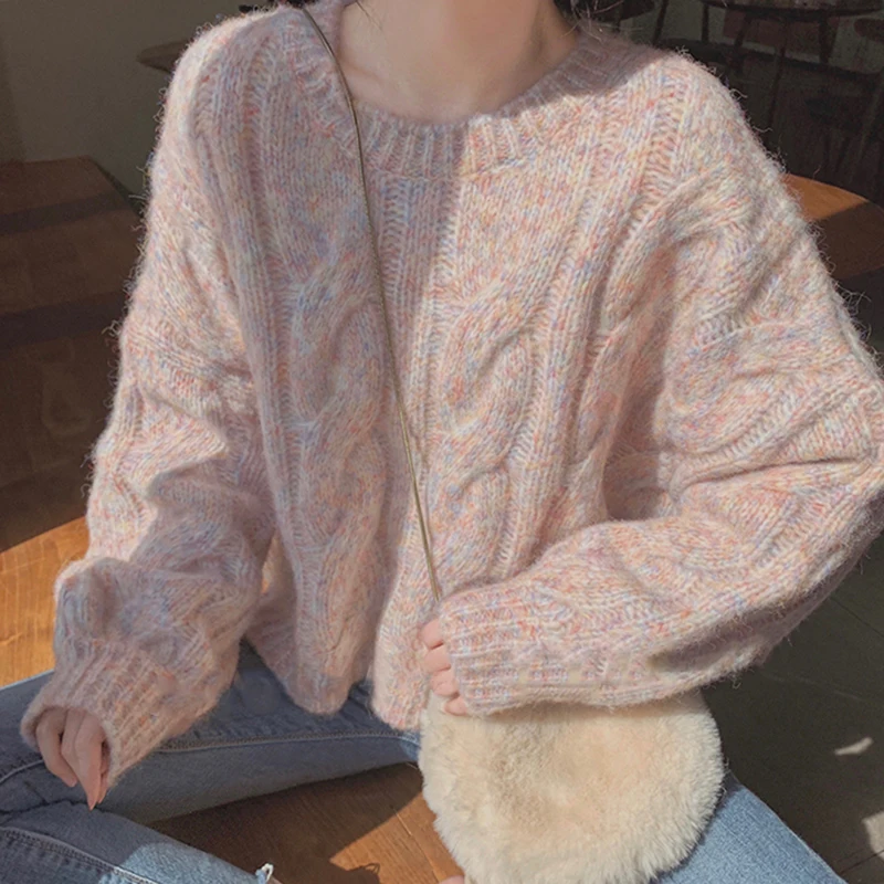 Autumn Winter Pink Gentle Sweater Women's Sweet Loose Outerwear Short Knitted Pullover Casual O-neck Long Sleeve Comfortable Top