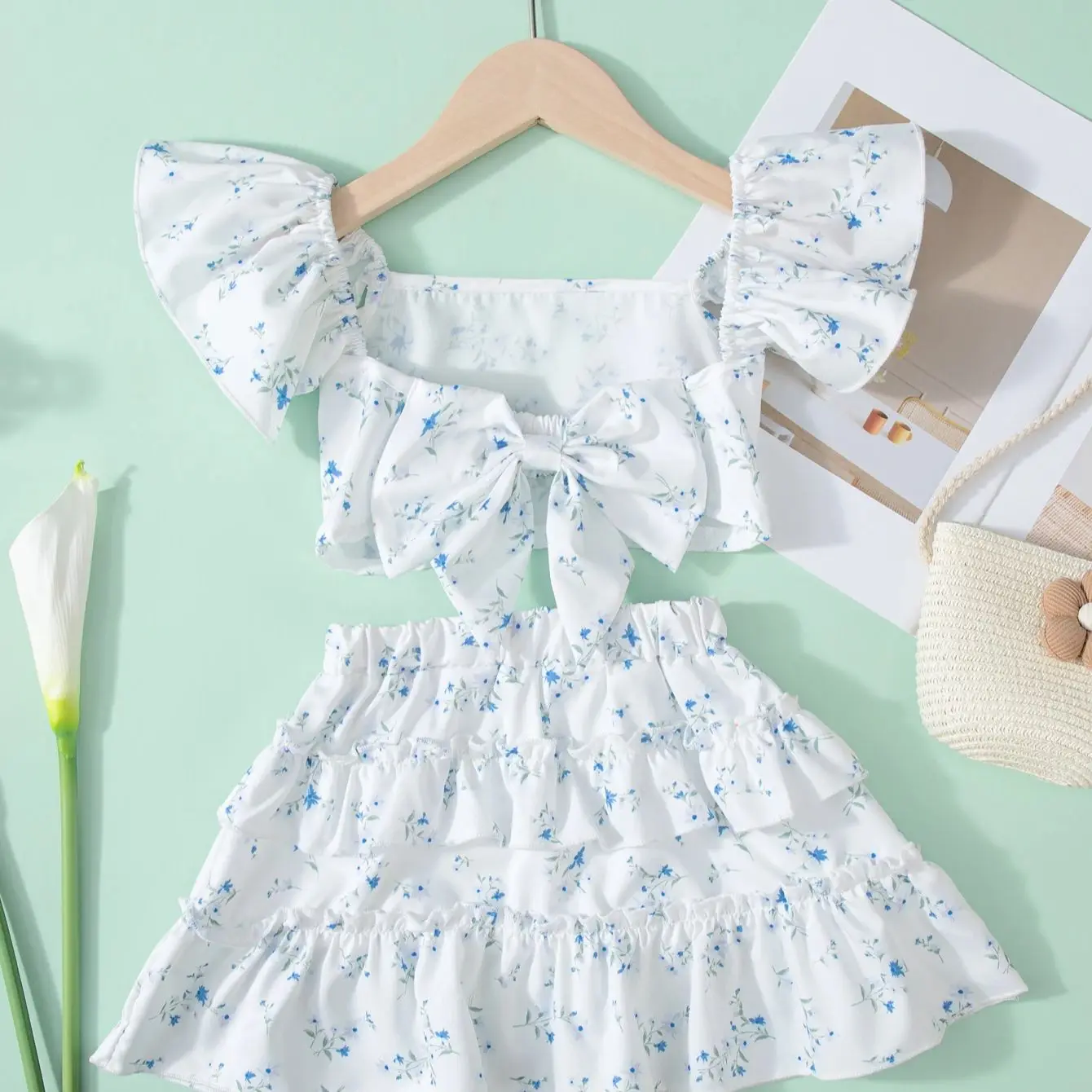 Girls' summer floral print set, one-shoulder short-sleeved top and tiered skirt, two-piece set