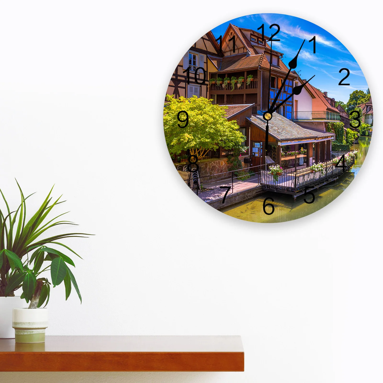 Town Stream Trees Wall Clock Silent Digital Clocks for Home Bedroom Kitchen Living Room Decoration