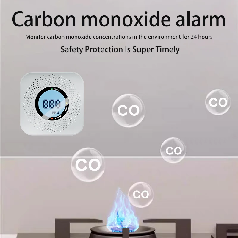 مستشعر إنذار CO مستقل عالي الحساسية كاشف إنذار أول أكسيد الكربون المنزلي 85dB تحذير شاشة LCD كهروضوئية