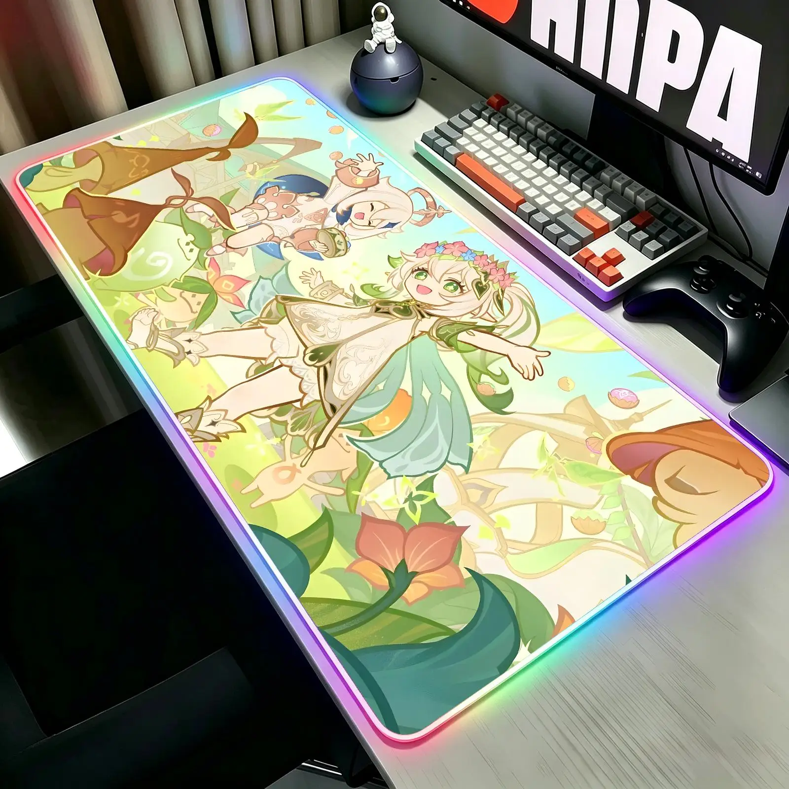 XXL RGB Glow Gaming Desk Pad, wearproof sewn border, anti-slip mat for desktop, bedroom & office use genshin impact Nahida