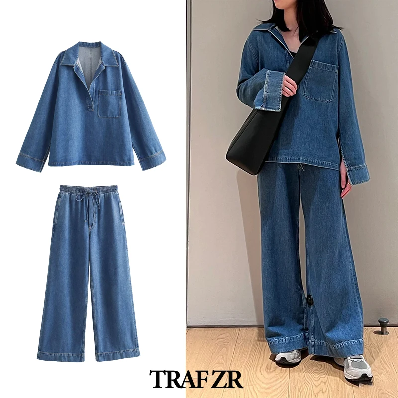 TRAF ZR Demin Sets for Women 2 Pieces Groups of Pant Denim Jeans New in Matching Sets 2024 Y2k Women\'s Fashion Suits Pants Sets