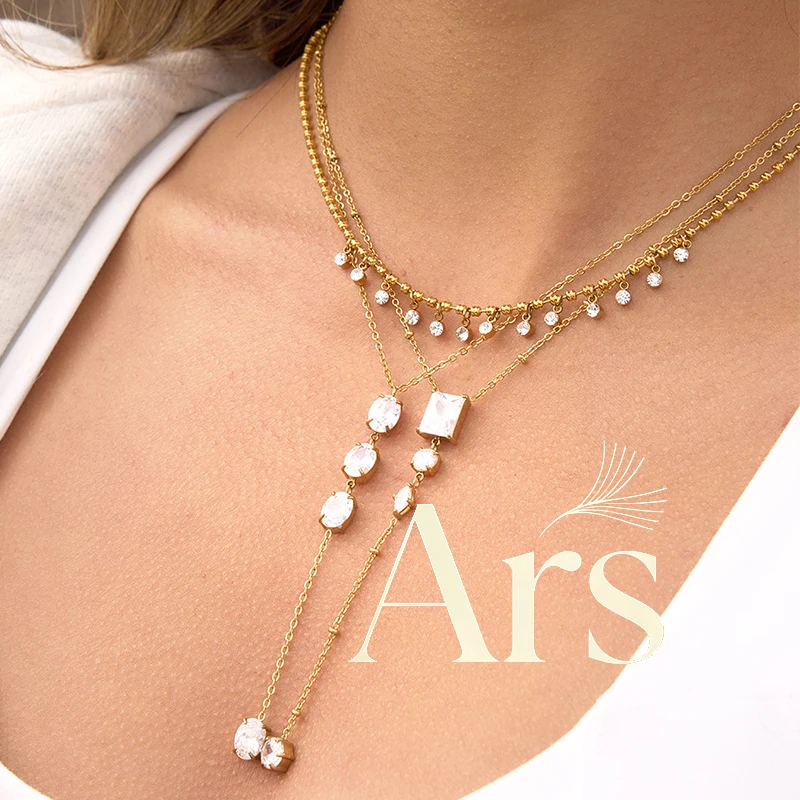Ars Stainless Steel Y Necklace 18k Gold Plated Long Chain Necklaces Multi Zircon Drop Necklaces Women's Dainty Lariat Necklaces
