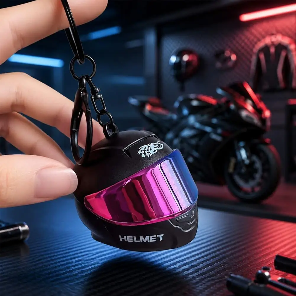 Motorcycle Helmet Keychain Light Up Mini Helmet Bag Charm Metal Key Ring Clip Cool Moto Pendant Gift for Riders