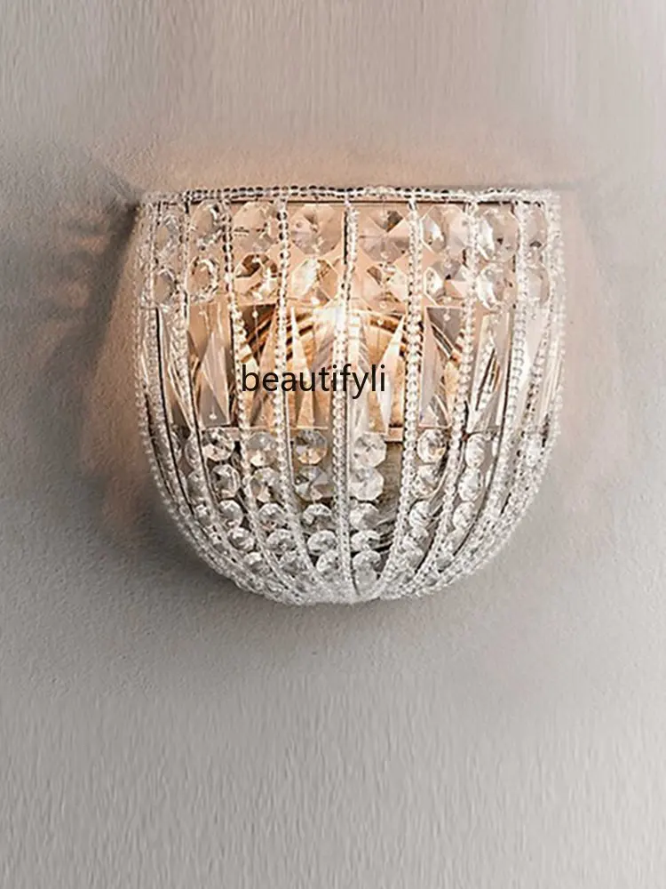 zqFairy Tale Crystal Wall Lamp Copper European Style Living Room Dining Room Bedroom Girl Room Bedside Lamp