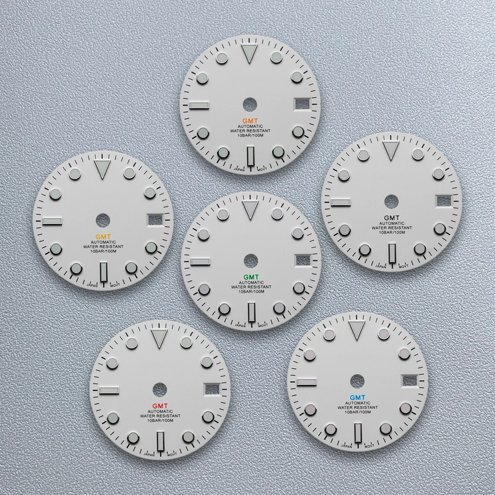 

28.5mm S Logo White GMT Dial Fit NH34 Movement Green Luminous Matte High-Quality Watch Modified Accessories