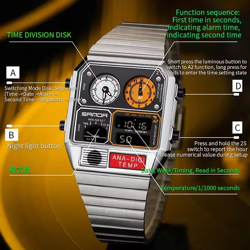 SANDA 3192 Men's Electronic Watch Square Stainless Steel Temperature Measurement Stopwatch Timing Multi functional Watch