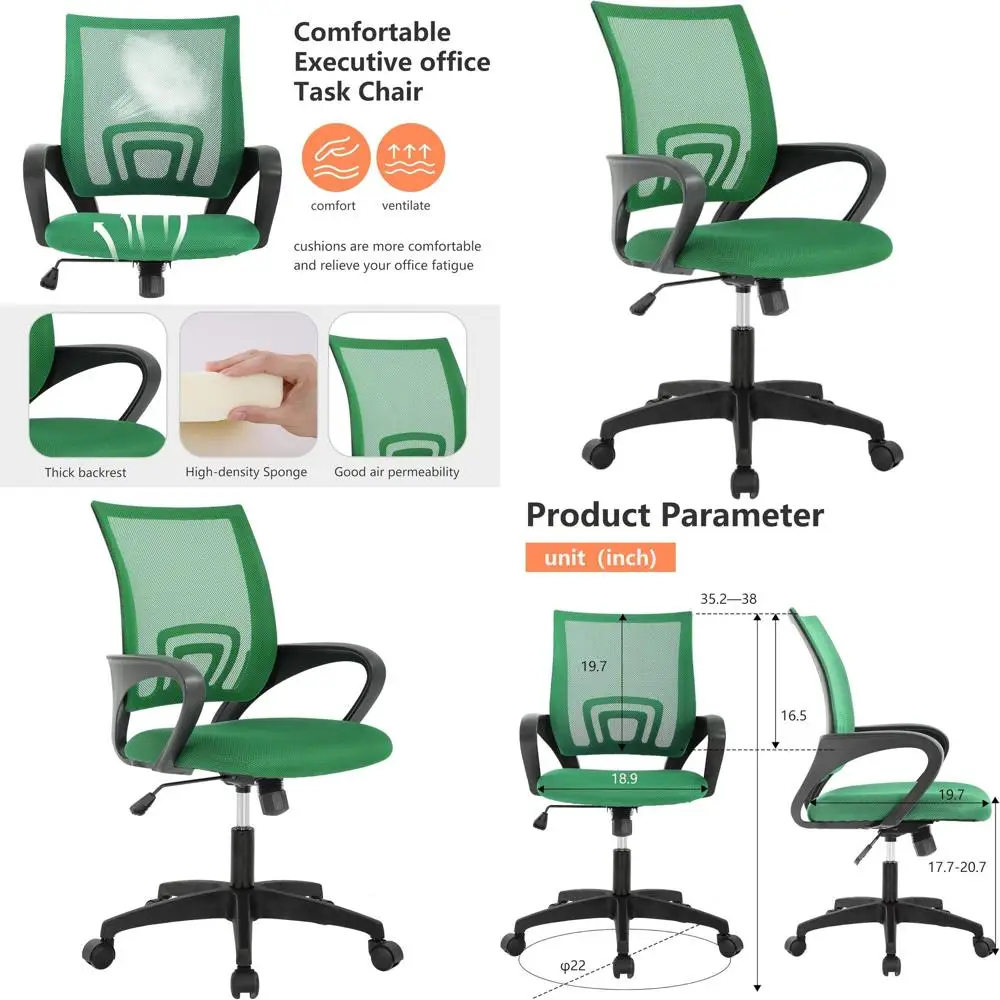 

Эргономичное офисное кресло с сетчатой спинкой, поясничной поддержкой, регулируемыми подлокотниками и функцией вращения для женщин и взрослых, зеленого цвета