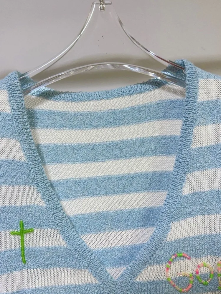 Nuevo dulce jersey sin mangas para mujer, chaleco tejido, chaqueta con cuentas, chaleco a rayas con cuello en V, Tops cortos informales Harajuku para verano para mujer