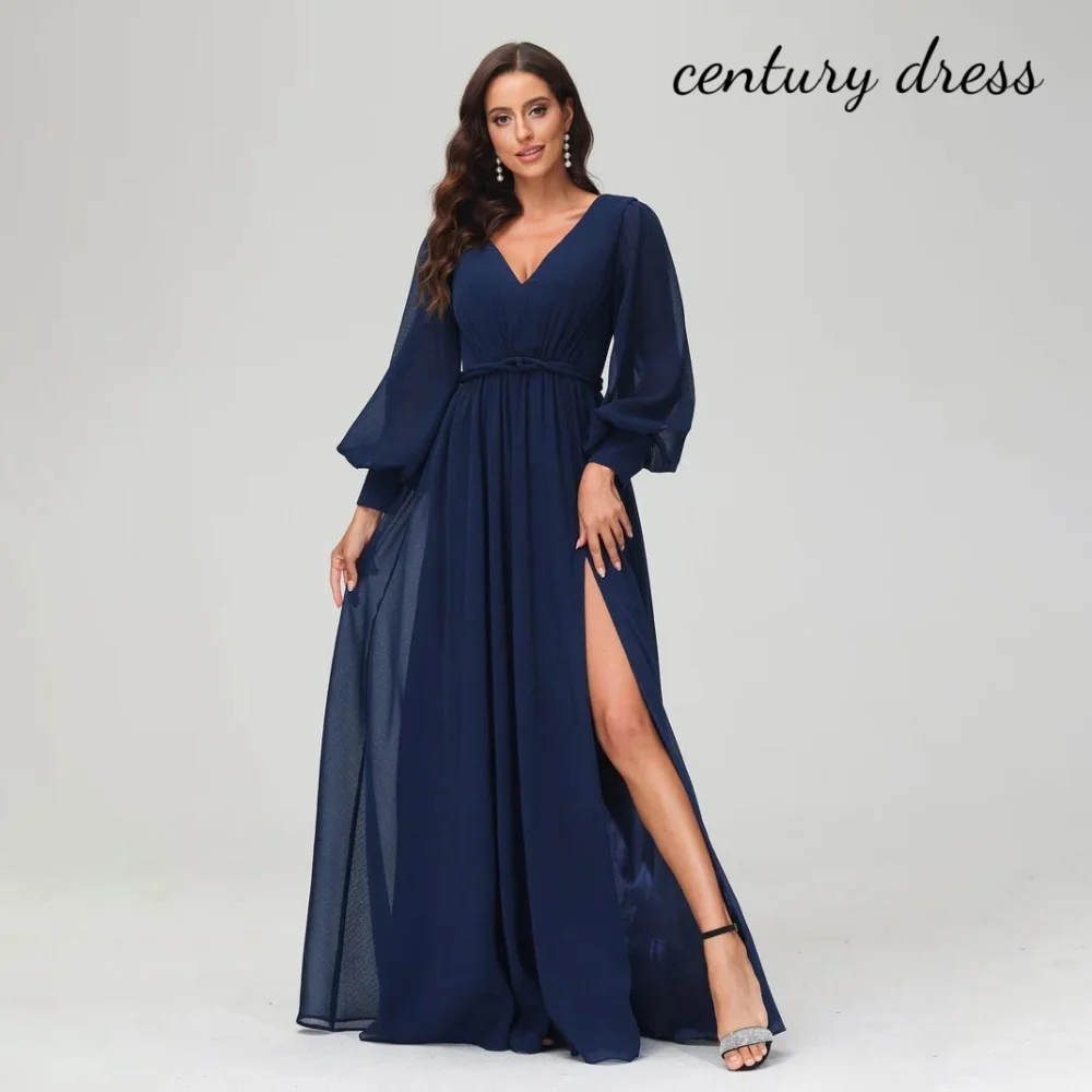 

Customized V-neck Women Prom Dress Mother Of The Bride A-Line Long Sleeve Charming Ruffle Party Dress Women Evening Gown