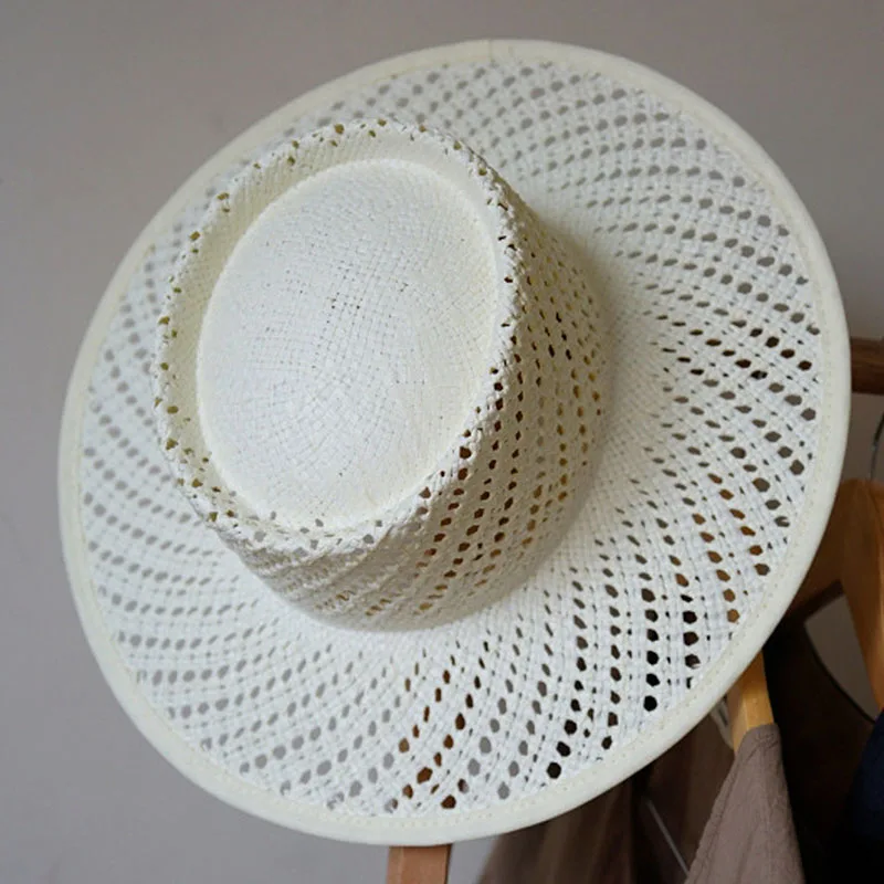 Handmade White Straw Hat Wide Brim Hollow Out Style Boater Hat  Min Wind Rop Summer Hat Women Beach Hat Party Holiday Travel Hat