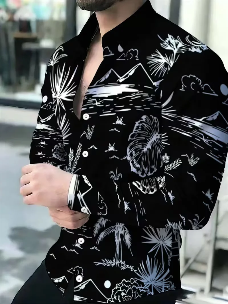 New white red black flame totem slim fit 3D printed shirt with dark street motorcycle style men's long sleeved shirt