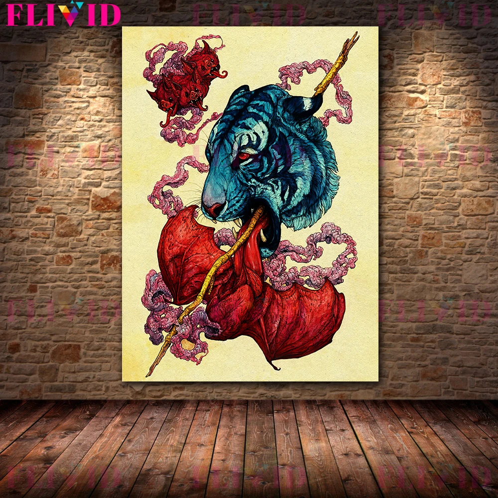 Creepy Surreal Terrifying Animal Vintage Canvas Wall Art  Pegasus,White Snake,Fox,Tiger Mysterious Animal Art Poster And Print