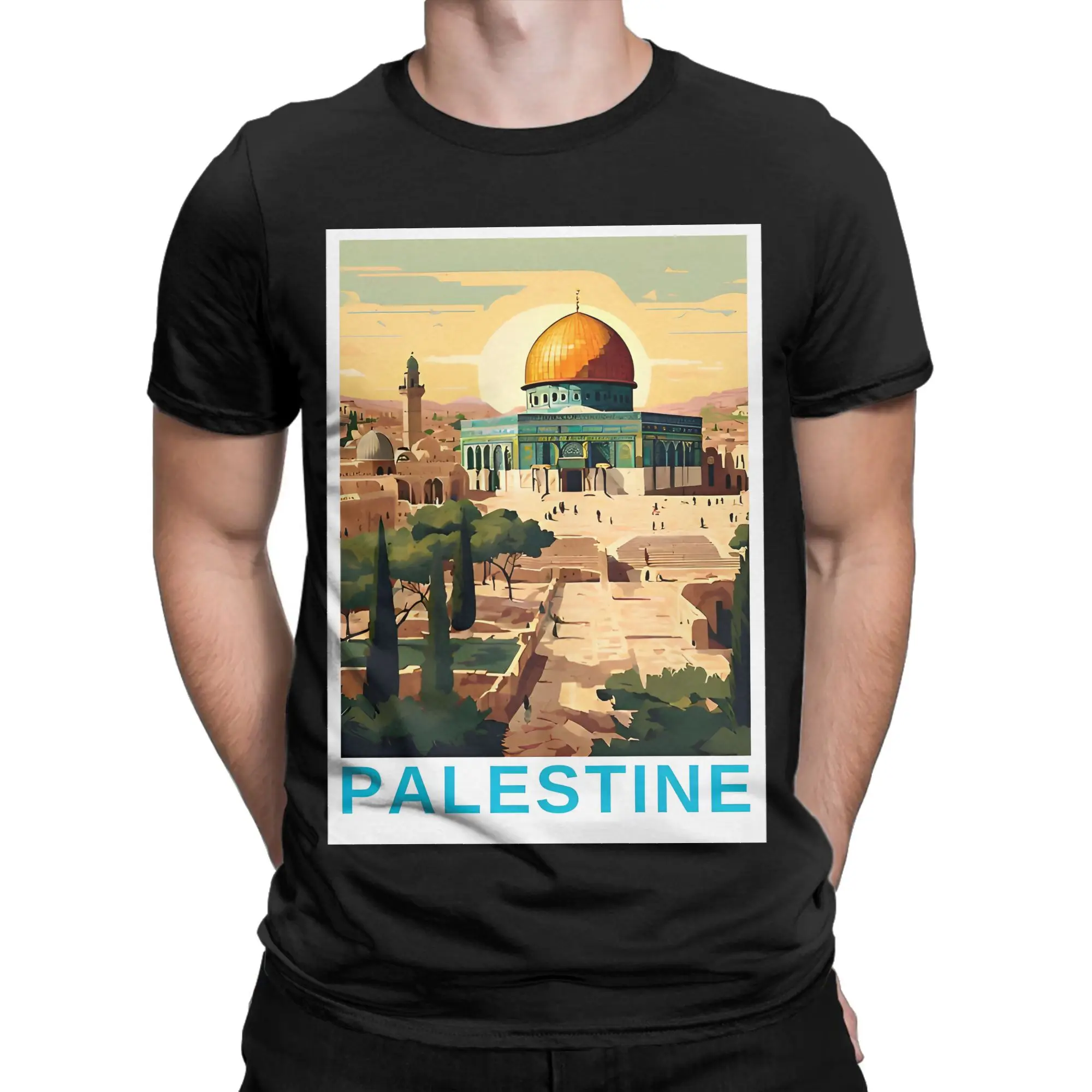Panoramic Palestine Al Aqsa Mosque Illustration T-Shirt Summer T-Shirts Man Cotton Crewneck Oversize Clothing Short-Sleeved Tops