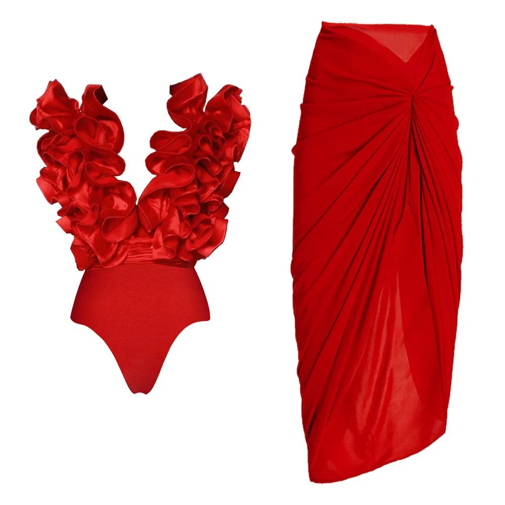 Red Rose Color Bikini Big Muliti Ruffle 2024Swimsuit 2 pcs One-pieces +Cover-up Skirt Bikini Befree Body Two piece Beach Party