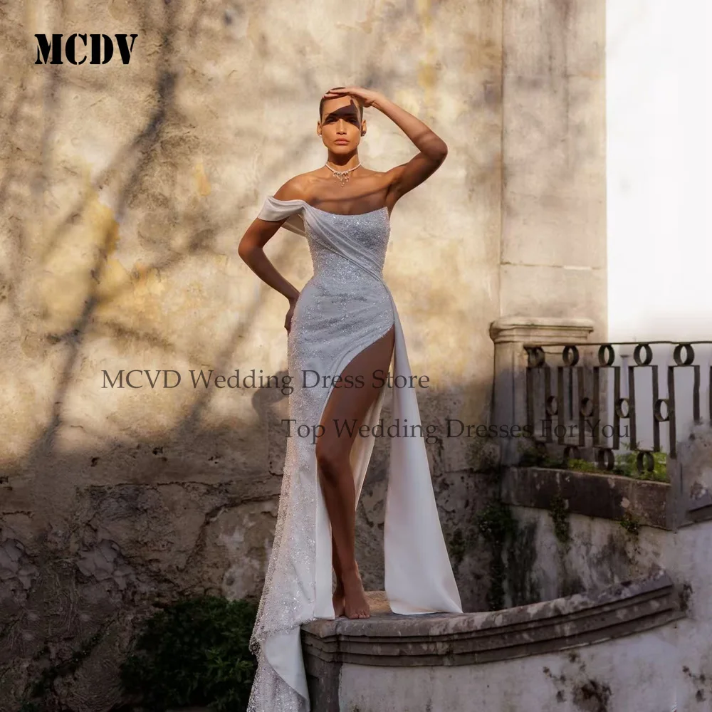 

MCDV Glitter Wedding Dresses One Shoulder High Split Sequin Mermaid Strapless Shiny Modern Party Bride Gowns 2026 Customized