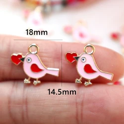 10pcs Enamel Bird Charms, Cute Pink Lovebird Alloy Pendant with Heart DIY Jewelry Making Necklace Bracelet Craft Decor Accessory