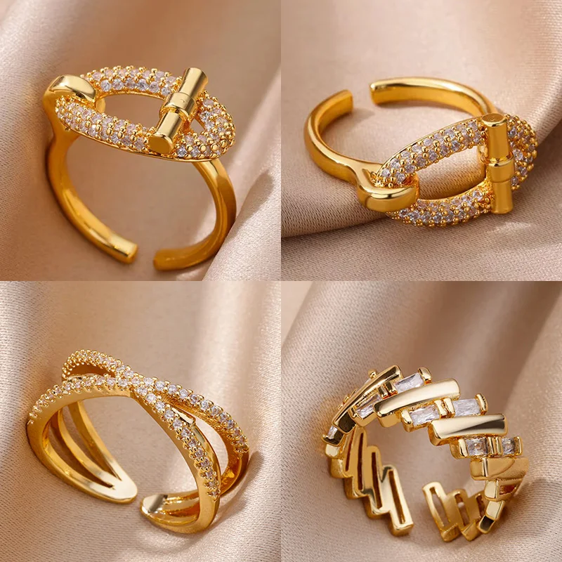 Anillos abiertos de circonita hueca ovalada de acero inoxidable para mujer, Color dorado, anillo estético de boda a la moda, accesorios de joyería de verano BFF