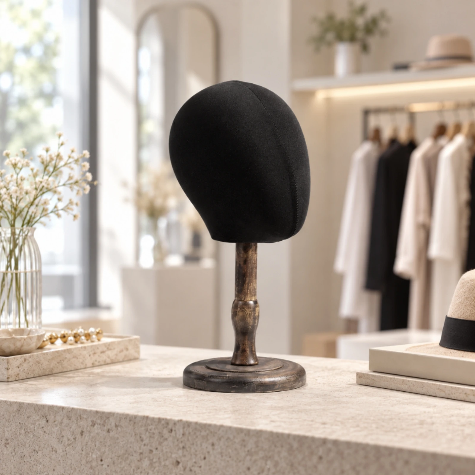 Female Head-Form Hat Display Stand Antique-Finish Cotton-Covered Head Mannequin Stand Stable Freestanding for Boutique Owners
