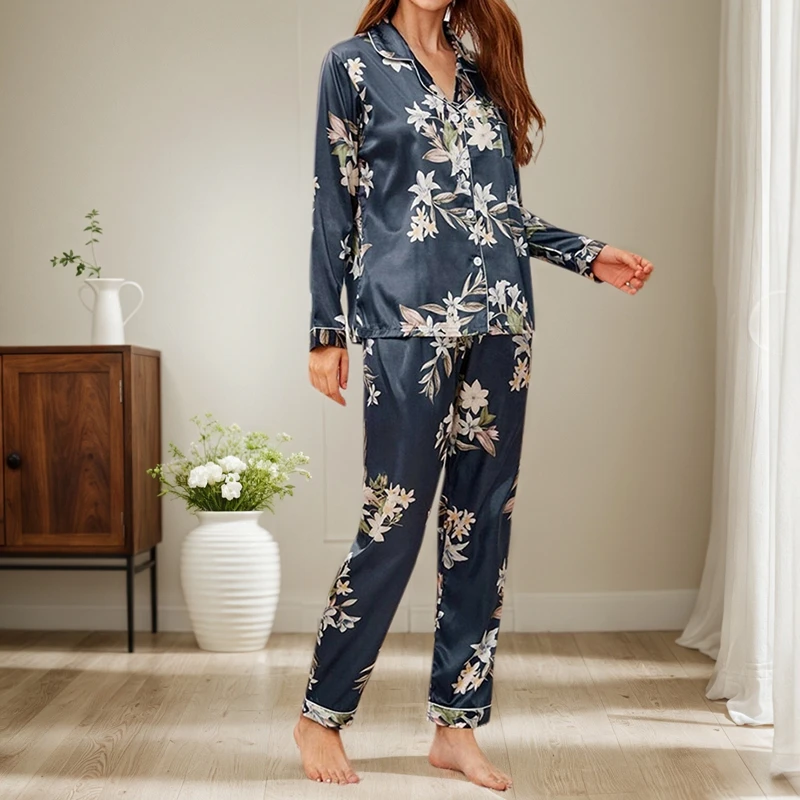 

Women's Luxurious Lily Print Pyjama Set Long-Sleeve Lapel Chest Pocket Top And Long Pant Comfortable Relaxed Fit Cozy Sleepware
