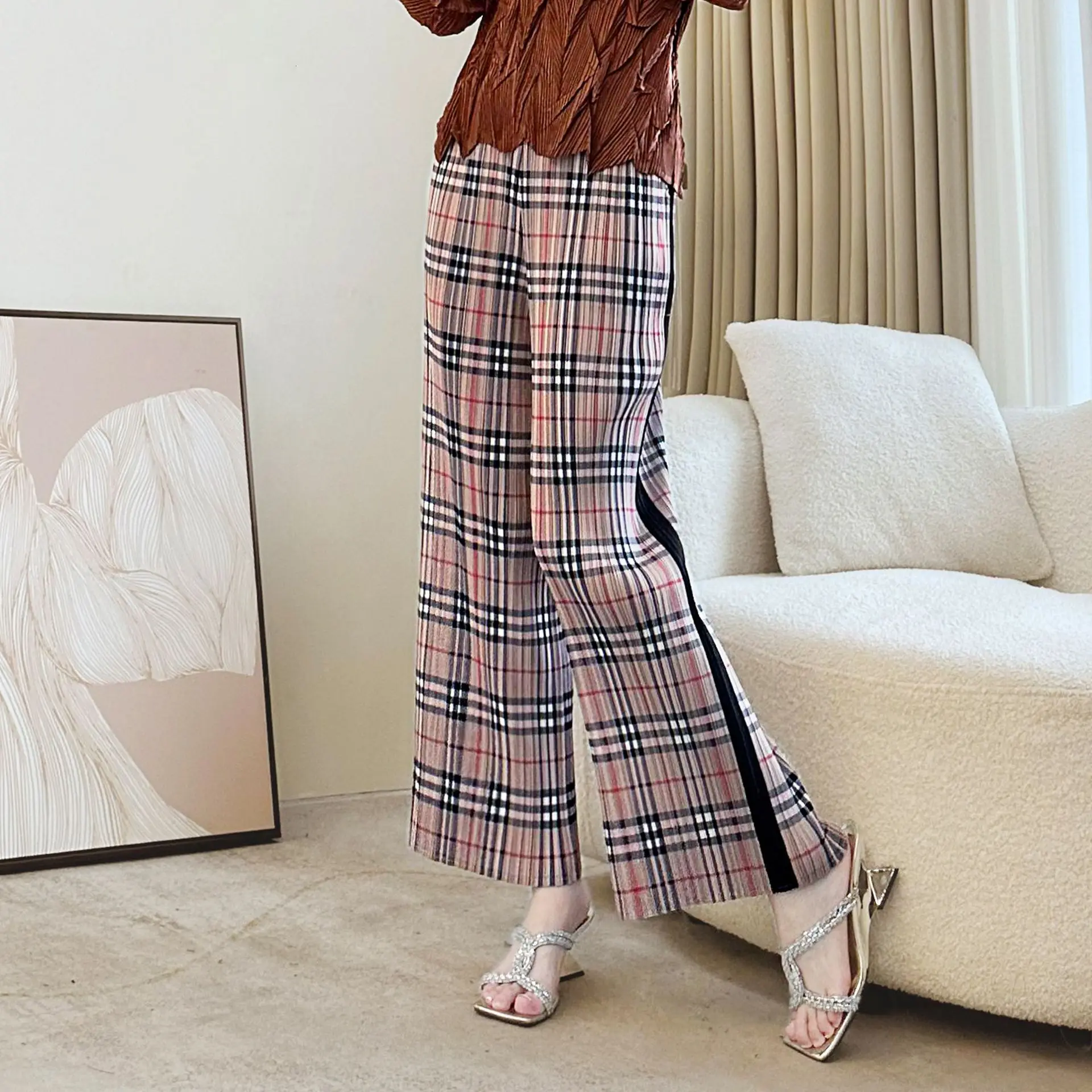 Miyake Pleated Harmony Plaid-print Straight-leg Pants