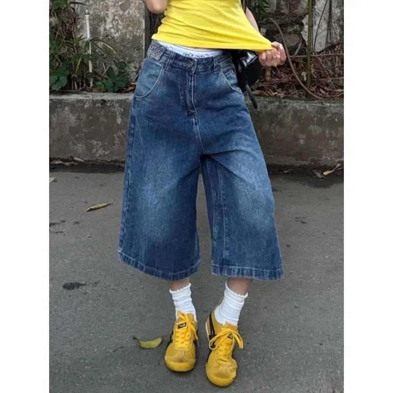 Vintage American High Waist Adjustable Buckle Jeans Women Soft Distressed Light Blue Capri Denim Pants 2026 Casual Daily Wear view 3