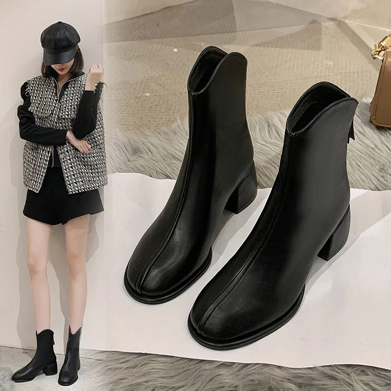 Luxury Brand Women Beige 5cm Black High Heels Ankle Winter Female Square Toe Chelsea High Quality Ladies Short Boots New Shoes