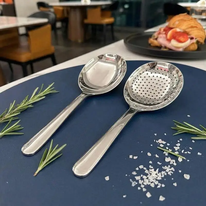 Cucharas de acero inoxidable para servir sopa, cuchara para servir arroz, con orificio de drenaje, 1/2 unidades