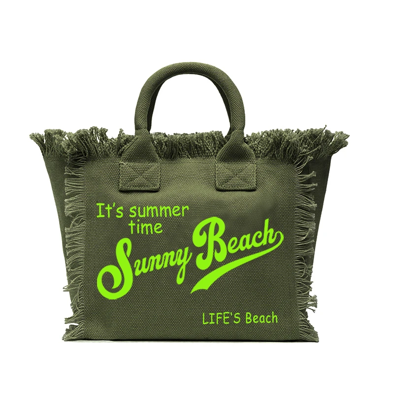 Summer American Style Sunny Beach Printing Women's Tassel Handbag Letters Canvas Tote Medium Size Bag Wedding Gift image 4