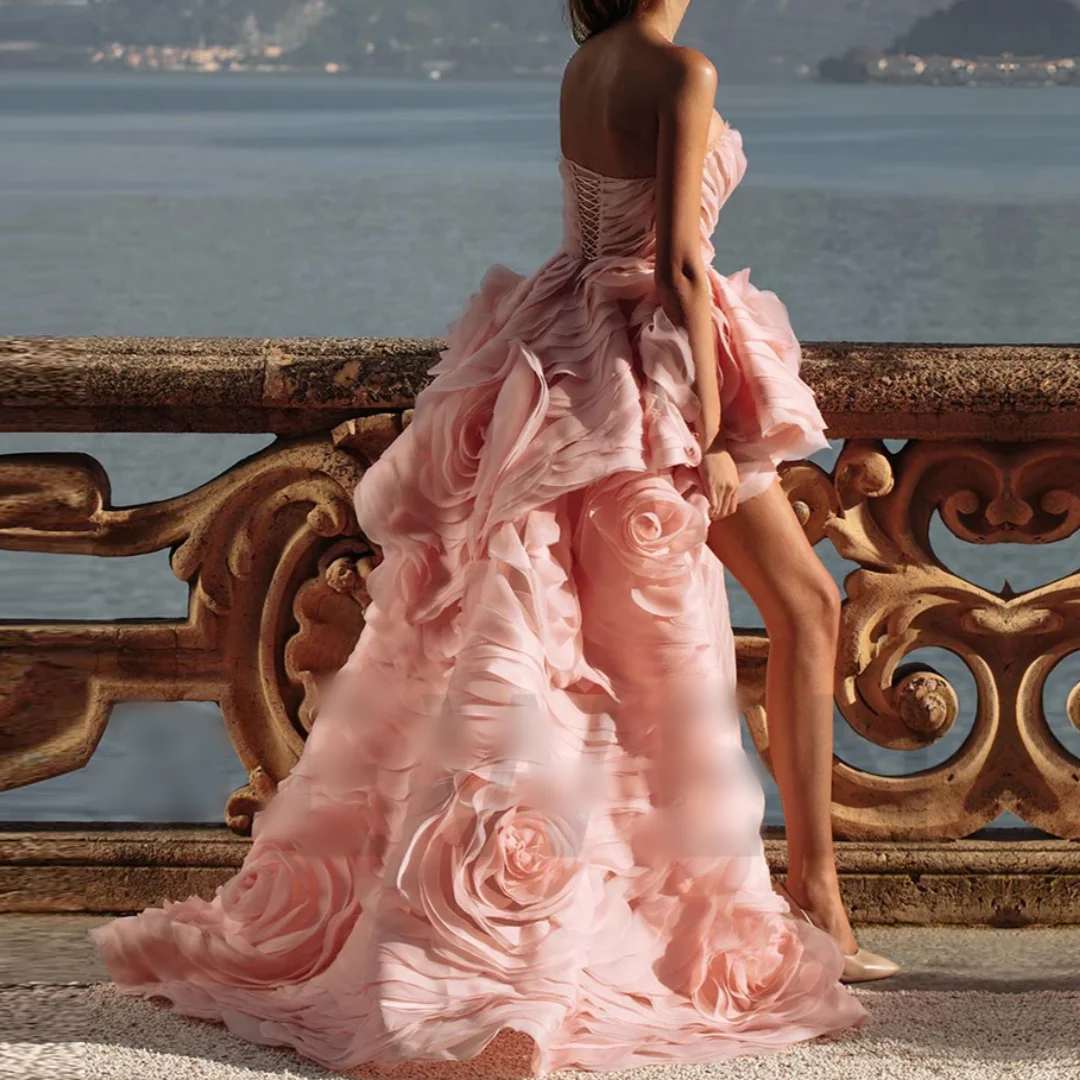 High Low Birthday Luxury Elegant Evening Dresses Strapless Tiered Flowers Wedding Dresses for Special Occasions Customized