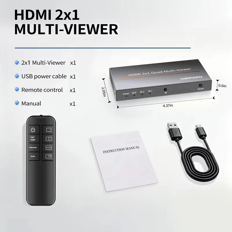 1080p60Hz 2x1 HDMI Multi-viewer 2 in 1 Out Up and Down Left and Right PIP Picture in Picture Display 2 Channel Video Multiplexer