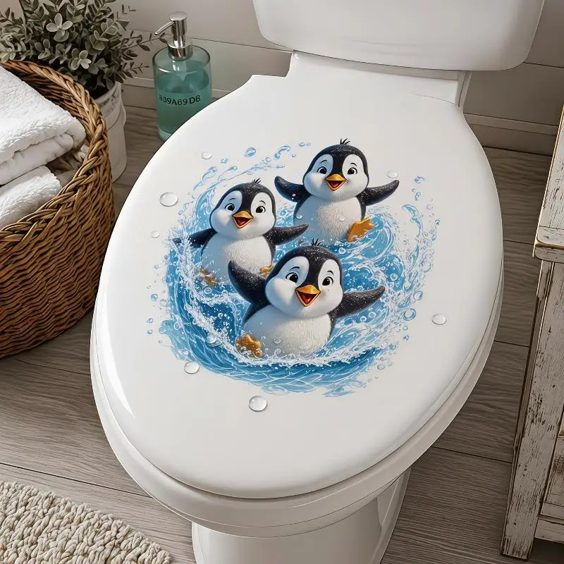 Cute Swimming Penguin Toilet Sticker Waterproof Bathroom Wall Sticker Self-Adhesive Removable Decals Home Decor
